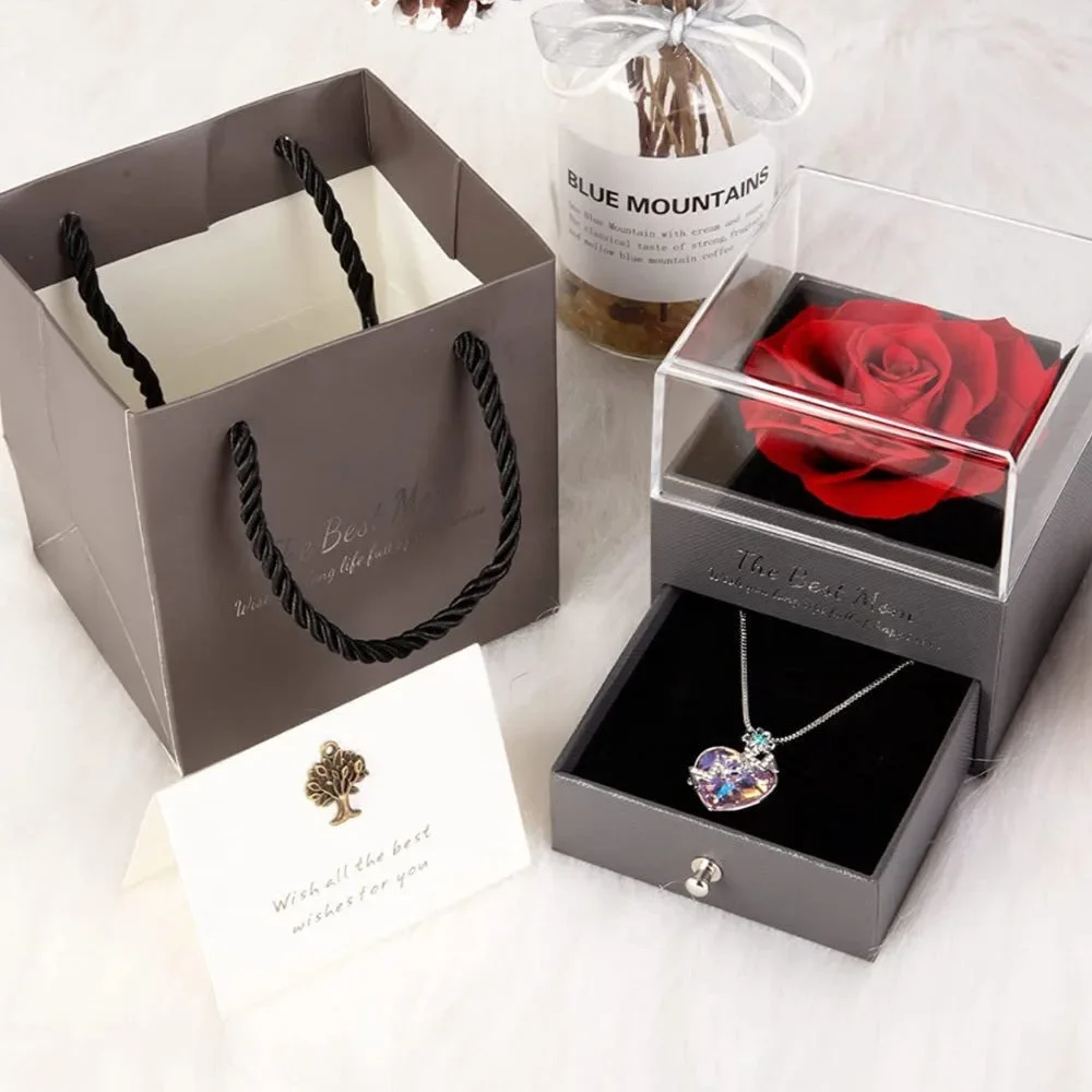 Mom Necklace + Preserved Eternal Red Rose+ Gift Box+Bag+Card Valentine’s Day NEW - Picture 6 of 9